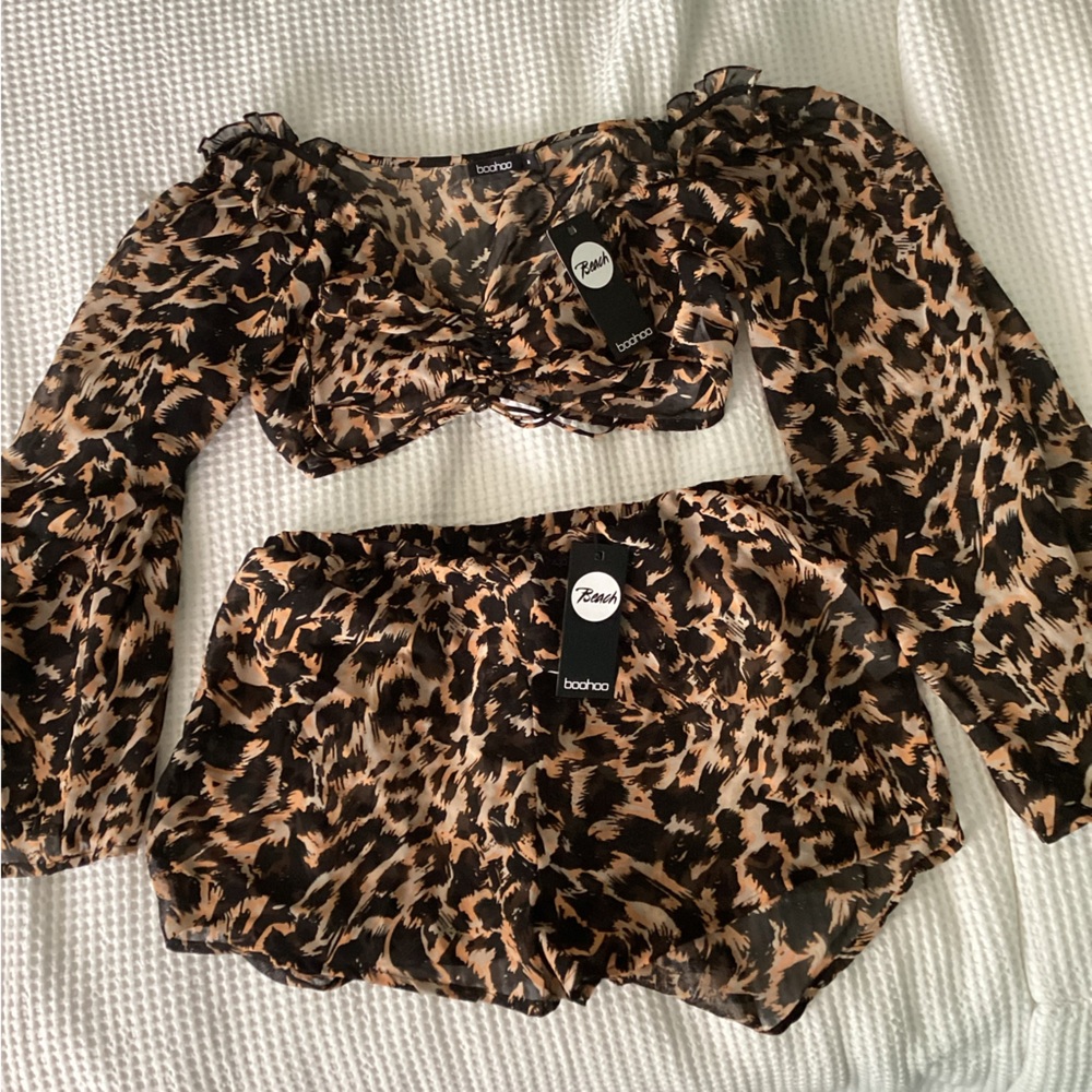 Beach Boohoo Chic Leopard Print Sheer Top and short set